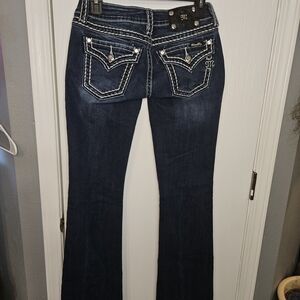 Miss Me Dark Blue Boot Cut Jeans with White Stitching